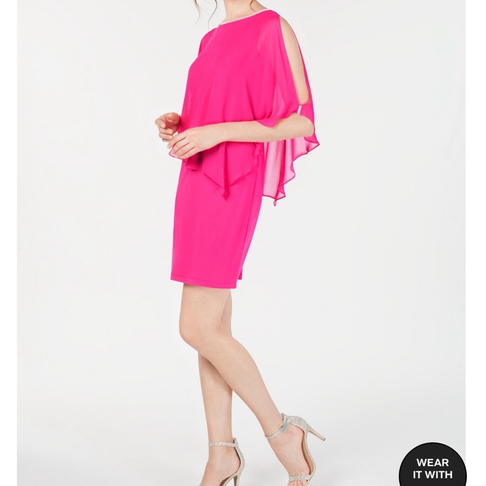 Cold-shoulder chiffon overlay with rhinestone trim color Fiercely Fuchsia.